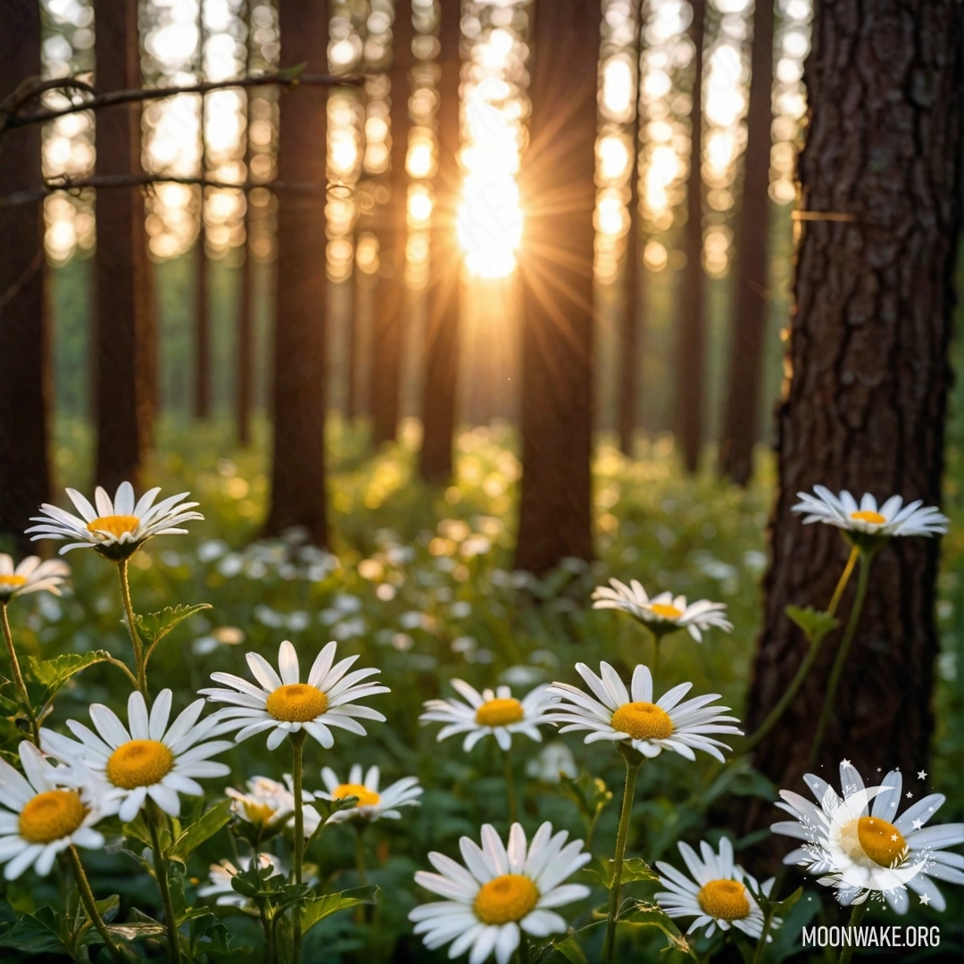 Крупный план ромашек, освещенных гирляндой света на фоне заката.