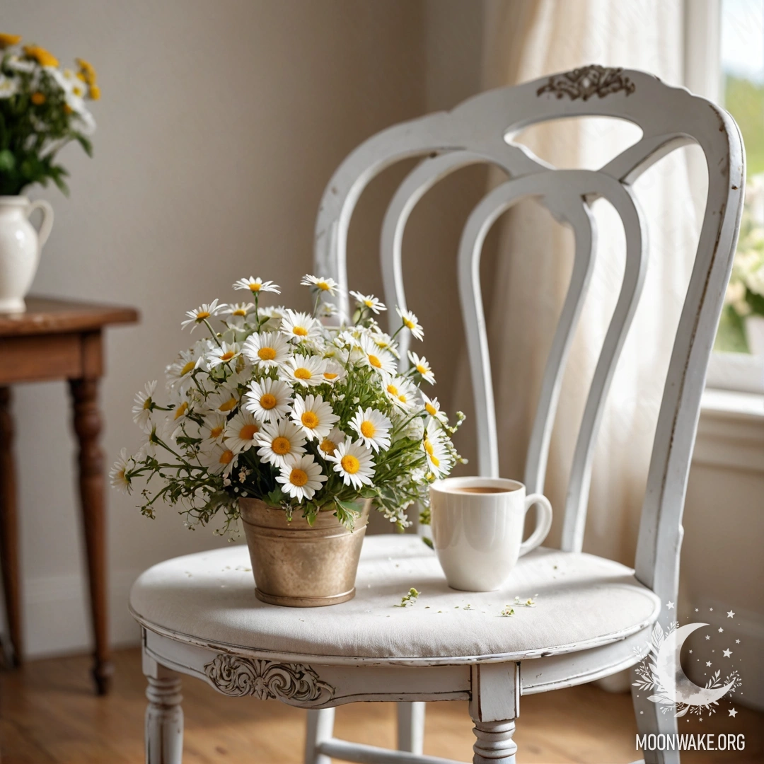 Крупный план старинного потертости стула с белой тканью, чашкой кофе и ведром с маргаритками под гирляндой огней.