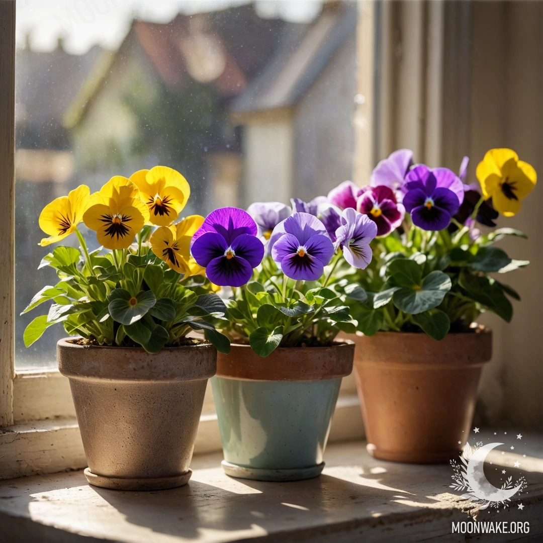 Коллекция винтажных цветочных горшков с анютиными глазками, купающихся в солнечных лучах на потрепанном подоконнике.