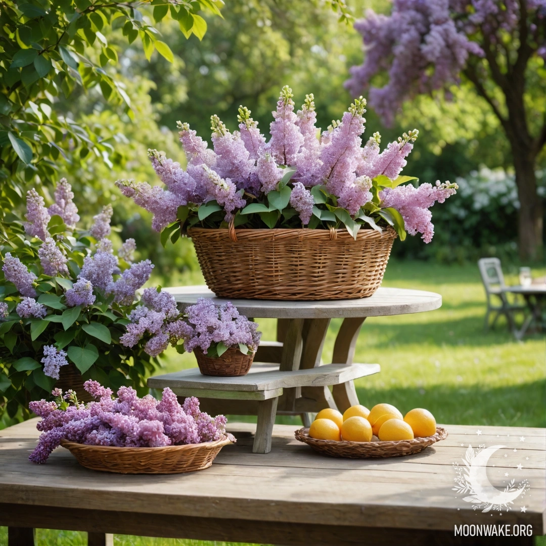 Винтажный деревянный стол с корзиной сирени в зелёном саду