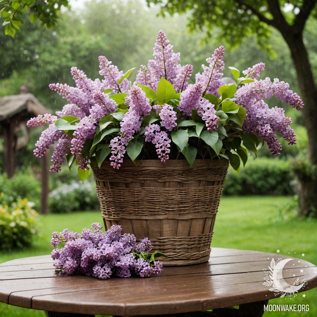 Винтажный деревянный столик с корзиной лилаков в саду под дождем.