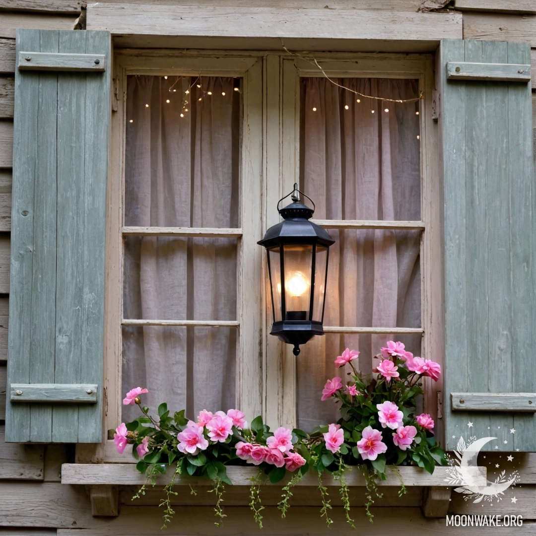 Старое деревянное окно, украшенное розовыми цветами и керосиновой лампой сверху.