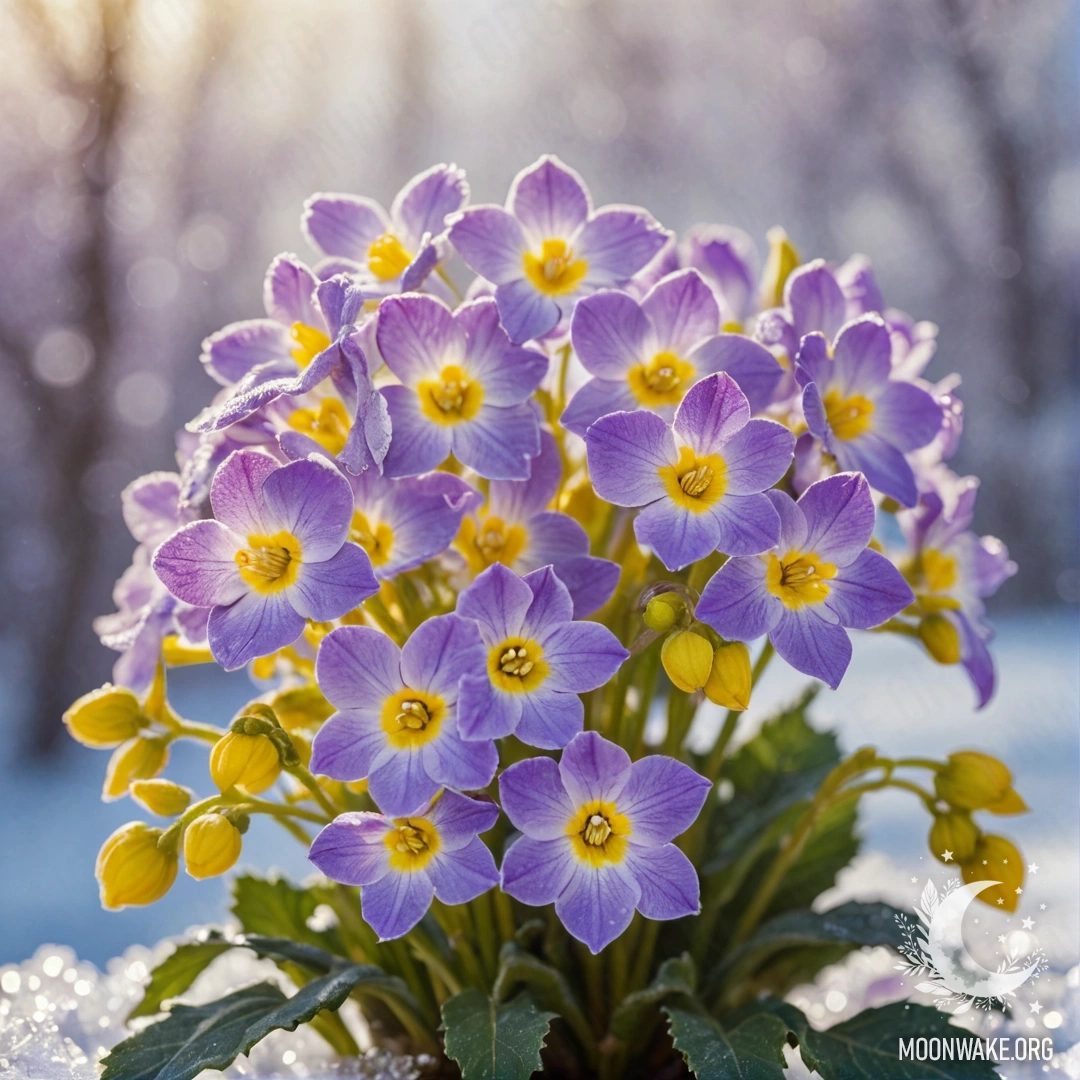 Букет нежных фиалок с жёлтыми цветами на морозе под солнечными лучами.