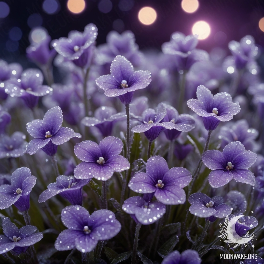 Нежная фиалка, покрытая морозом ночью, украшенная лавандовыми блестками.