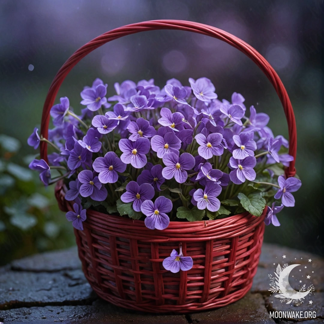 Нежная фиалка красного цвета в корзине окружена ночью туманом.