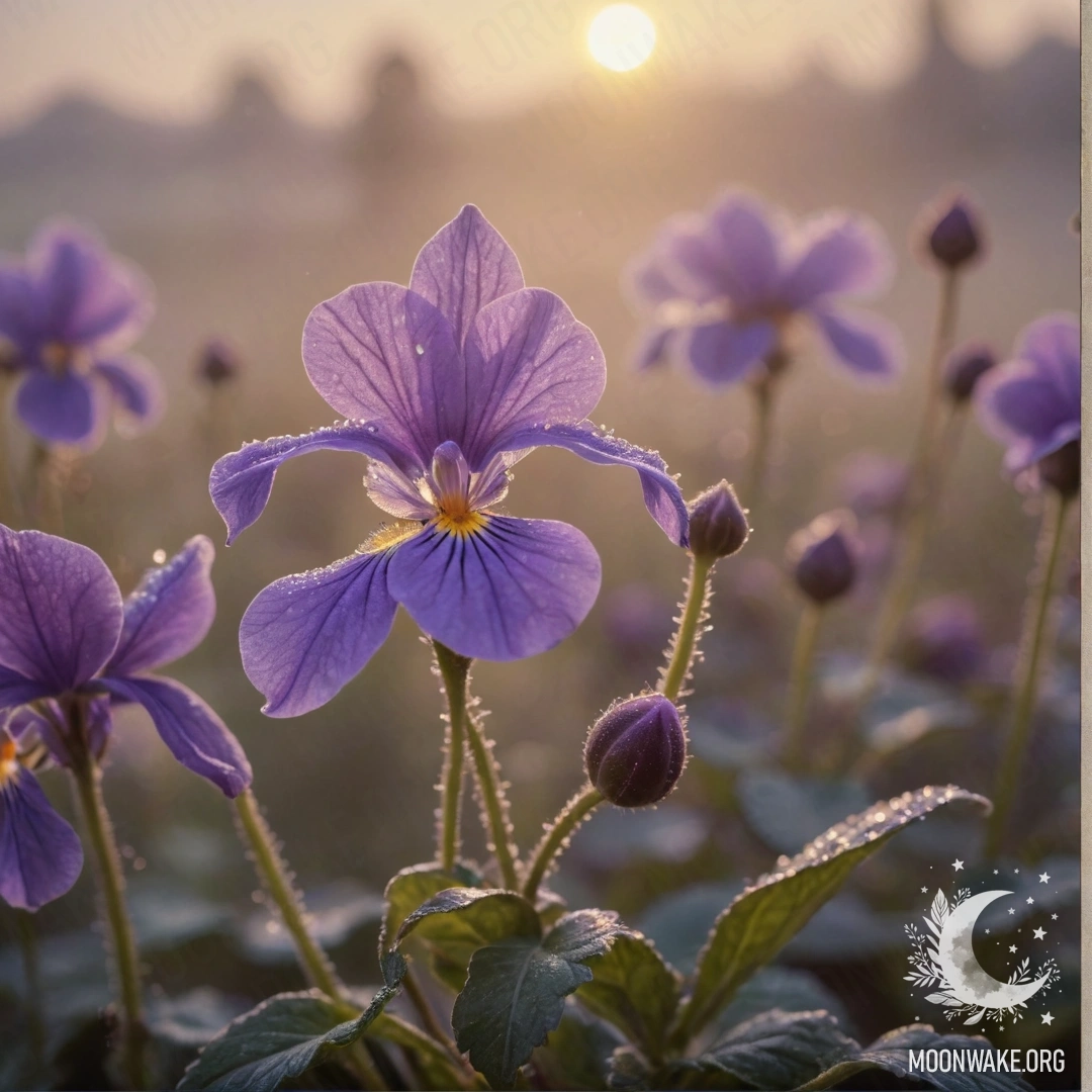 Нежная фиалка, окруженная туманом на закате, с блестящими акцентами.