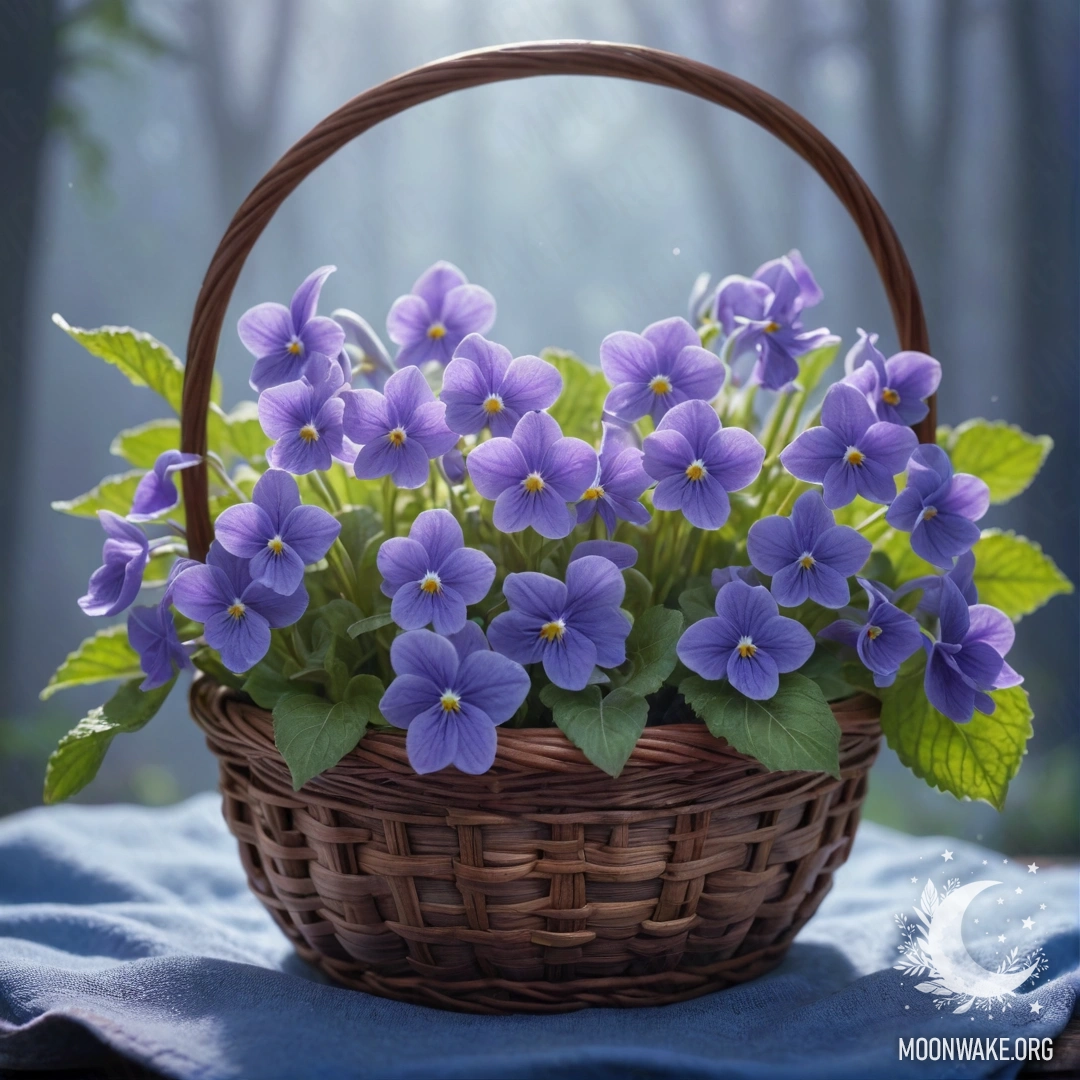 Нежная голубая фиалка уютно расположилась в туманной корзине.