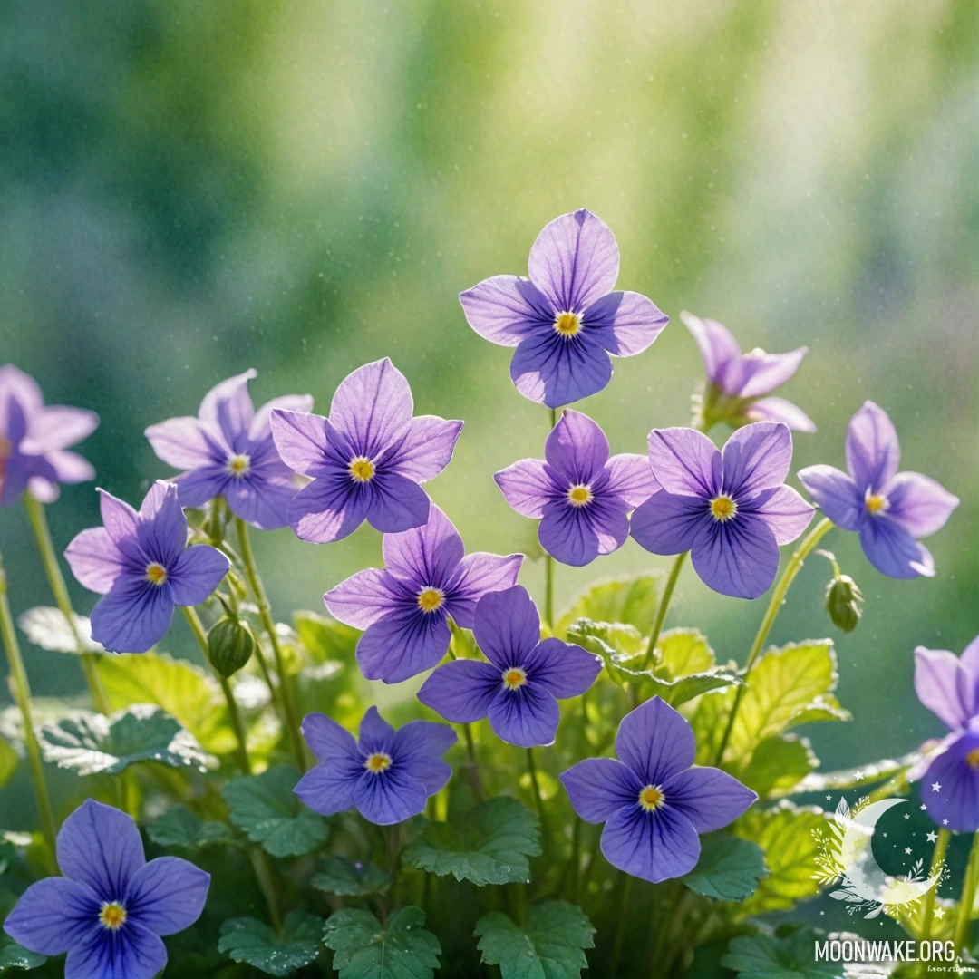Акварельная картина, изображающая нежную фиалку в тумане с солнечными лучами и зеленовато-голубым оттенком.
