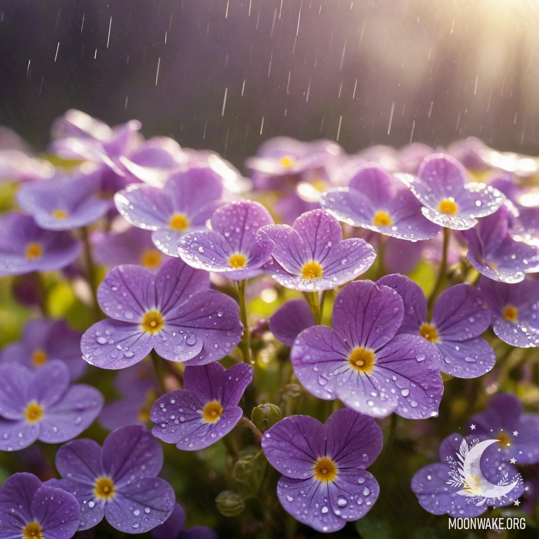 Нежная фиалка падает под дождём, освещённая солнечными лучами и украшенная стразами.