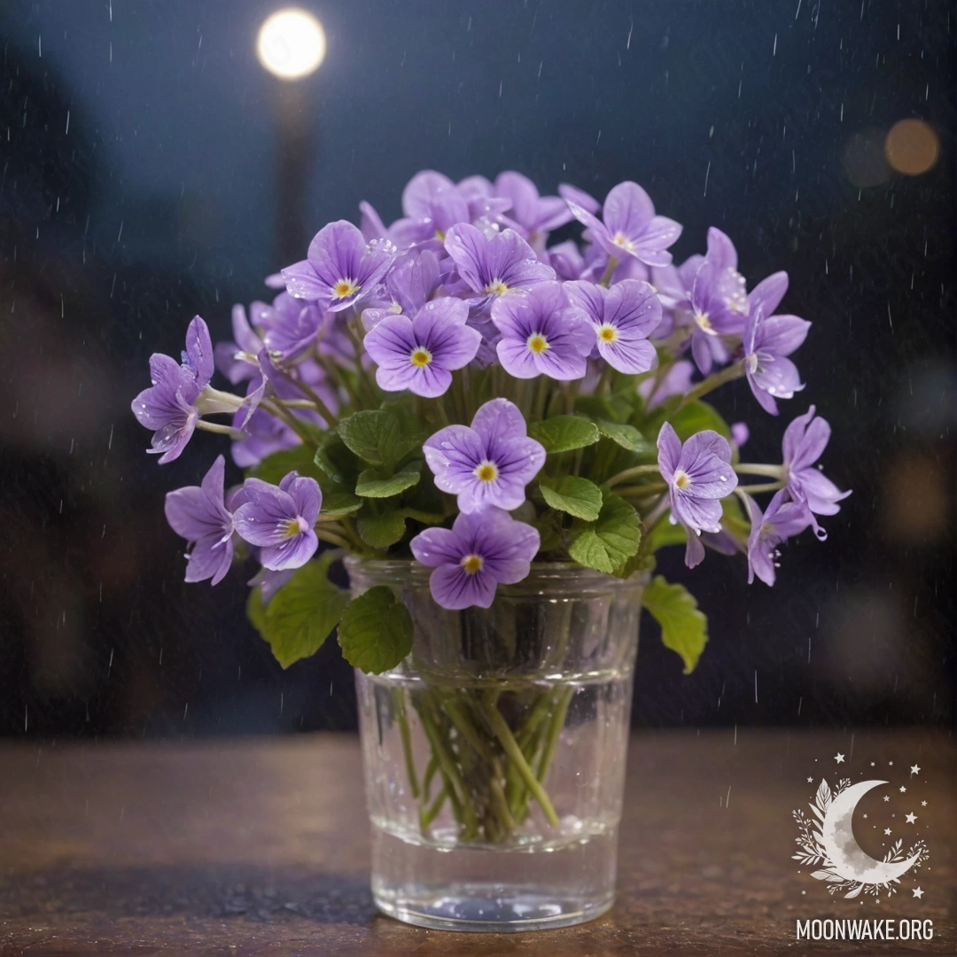 Пастельная ваза, наполненная нежными фиалками, освещенная ночным дождем.