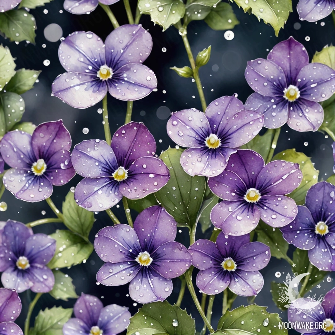 Нежная фиалка с искрящимися росинками под ночным небом.