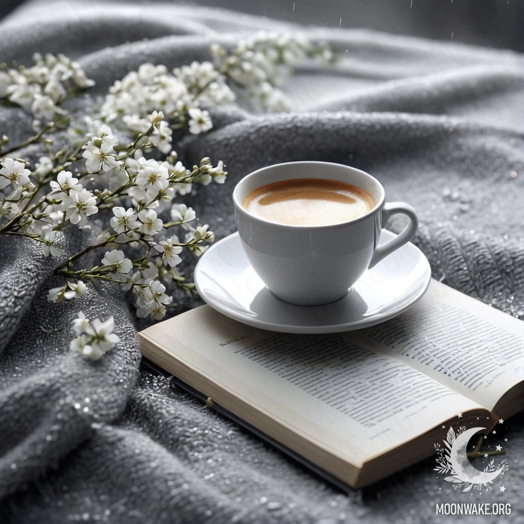 Крупный план милого белого кресла с серым вязаным пледом, книгой, веточкой с белыми цветами и белой чашкой кофе под дождем.