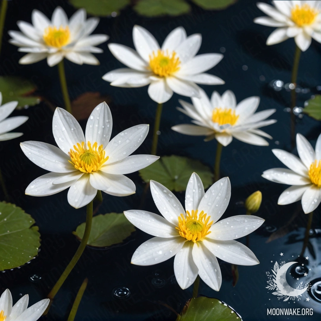 Спокойная картина нежных белых цветов, плавающих на темной поверхности воды под ночным небом.