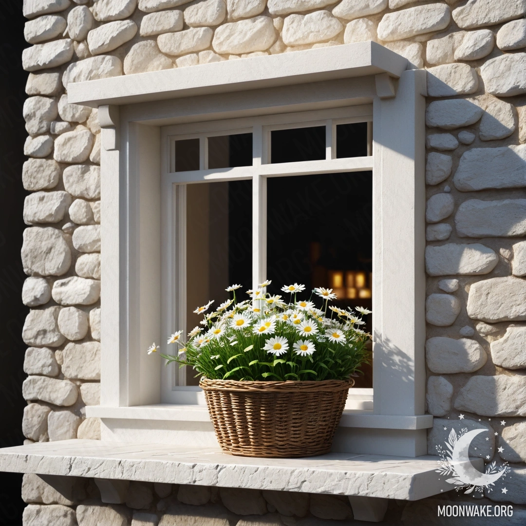 Фотореалистичное изображение нежной белой каменной стены с открытым окном и корзиной ромашек на подоконнике ночью.