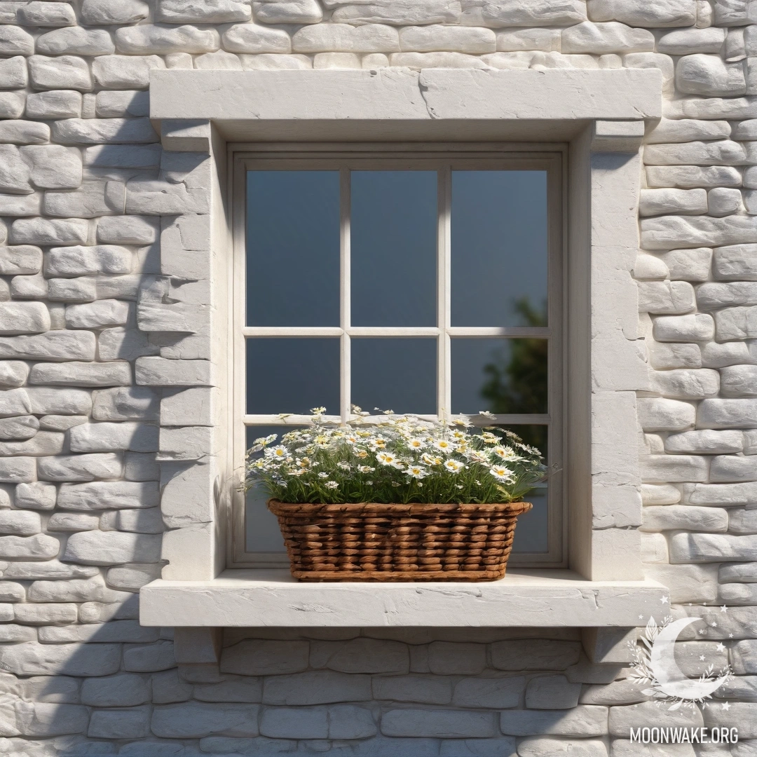Фотореалистичный вид на белую каменную стену с открытым окном и корзиной ромашек на подоконнике, освещённой нежными солнечными лучами.