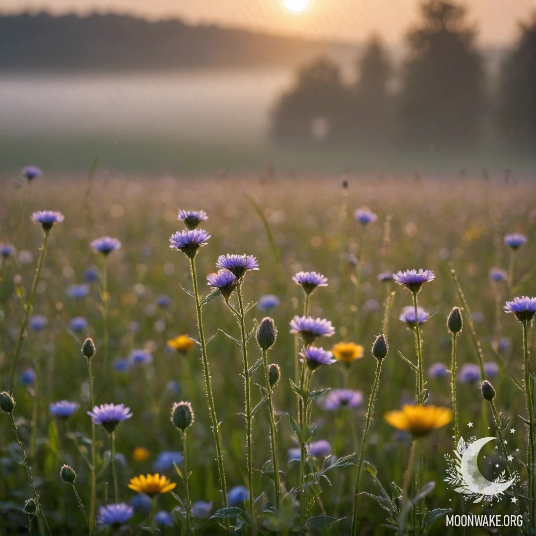 Крупный план нежных полевых цветов на фоне размытого поля и туманного заката.
