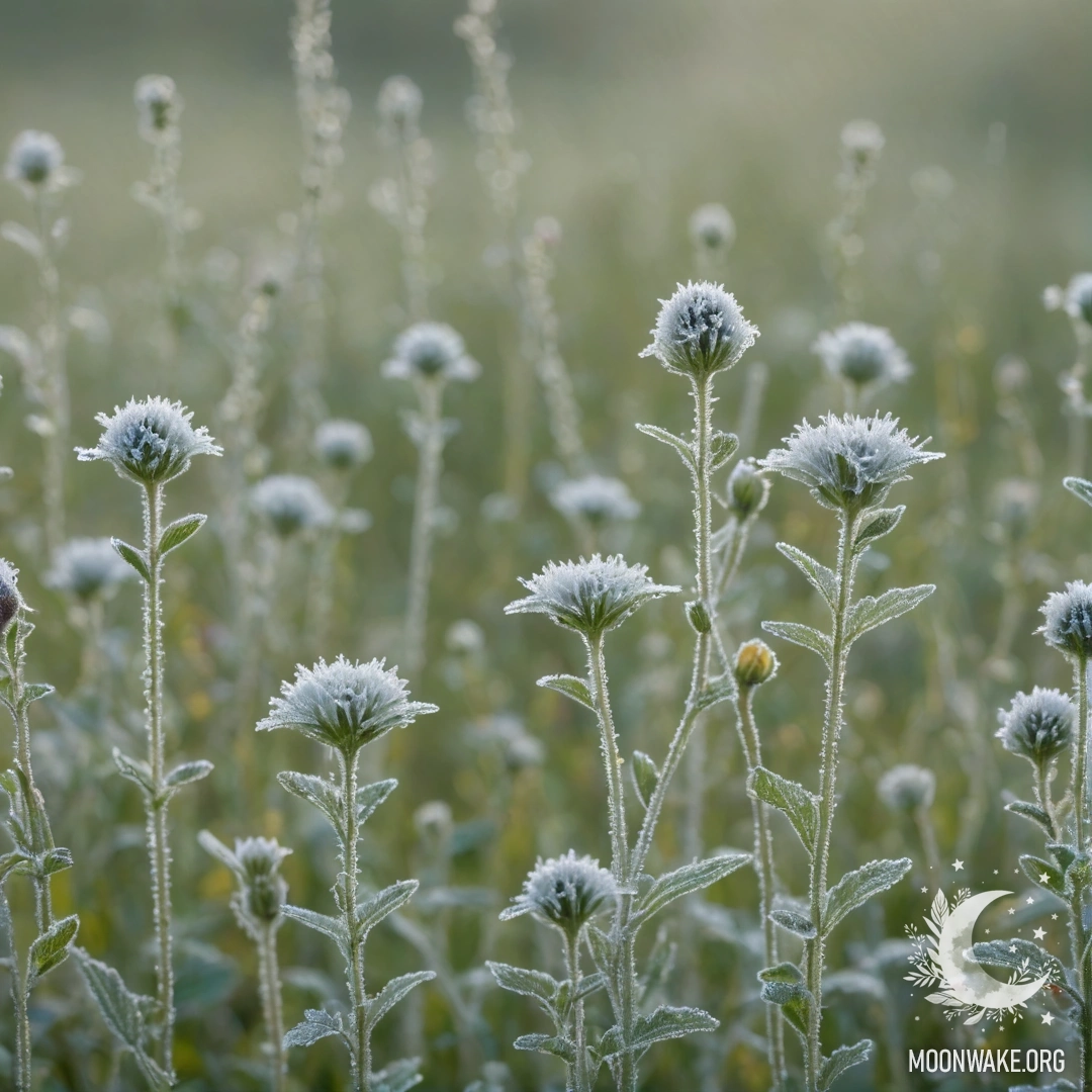 Нежное сочетание мятных полевых цветов, украшенное сложными узорами инея.