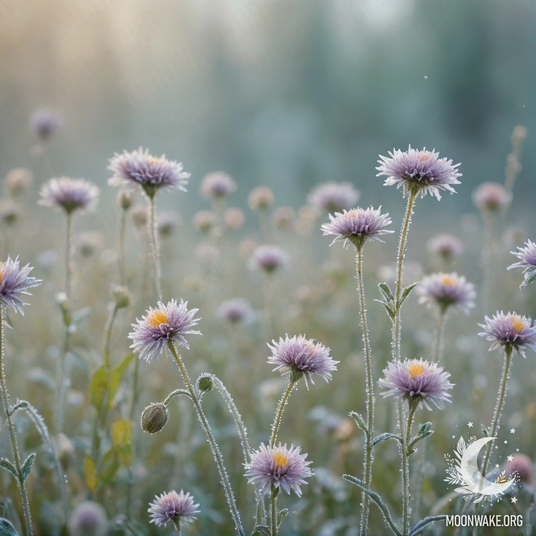 Нежные полевые цветы пастельных тонов, покрытые инеем и блестками.