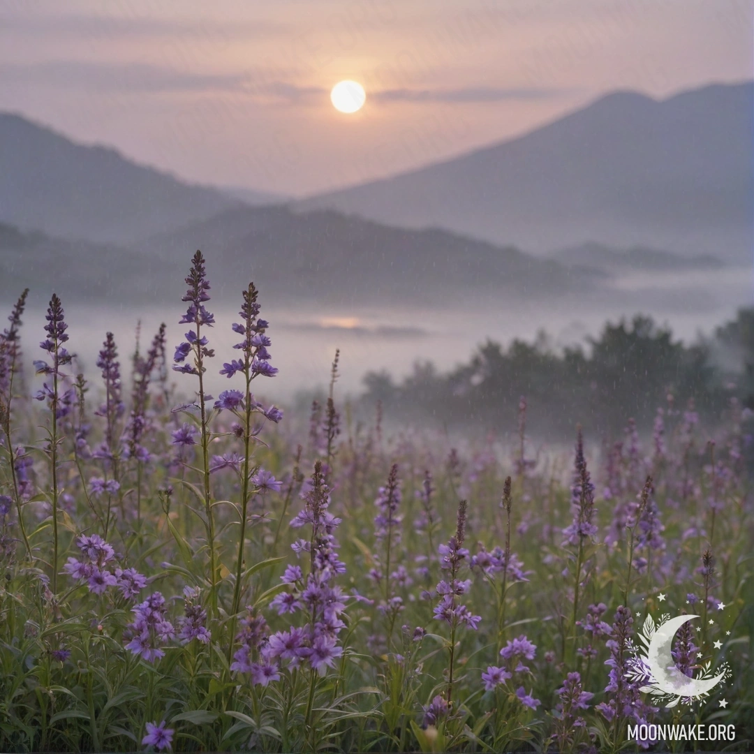 Мечтательный пейзаж с нежными фиолетовыми цветами в тумане, промокшими от дождя на закате.