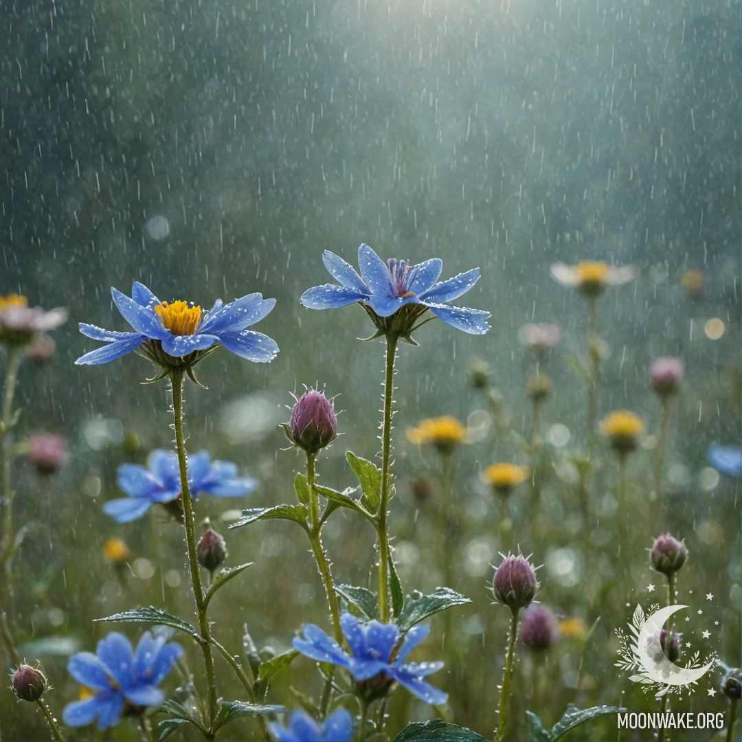 Поле с синими полевыми цветами в туманном дожде с солнечными лучами и блестками.