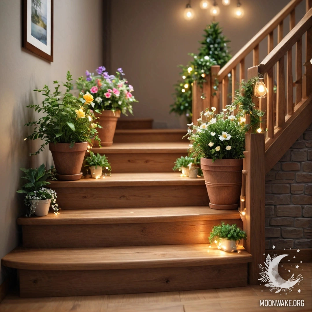 Деревянная лестница, украшенная горшками с цветами и мерцающей гирляндой.
