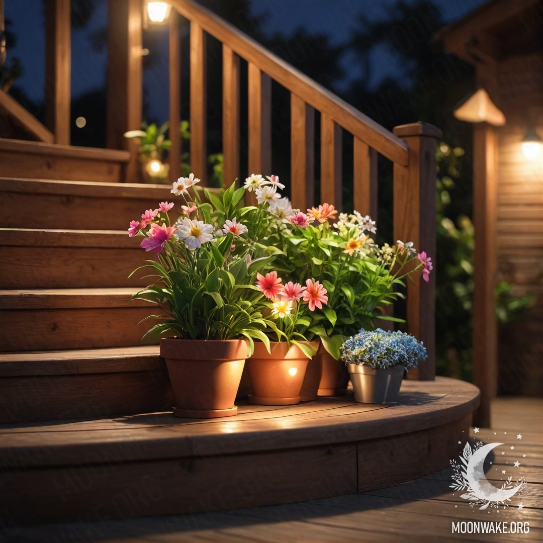 Спокойная деревянная лестница, украшенная цветочными горшками, ночью.