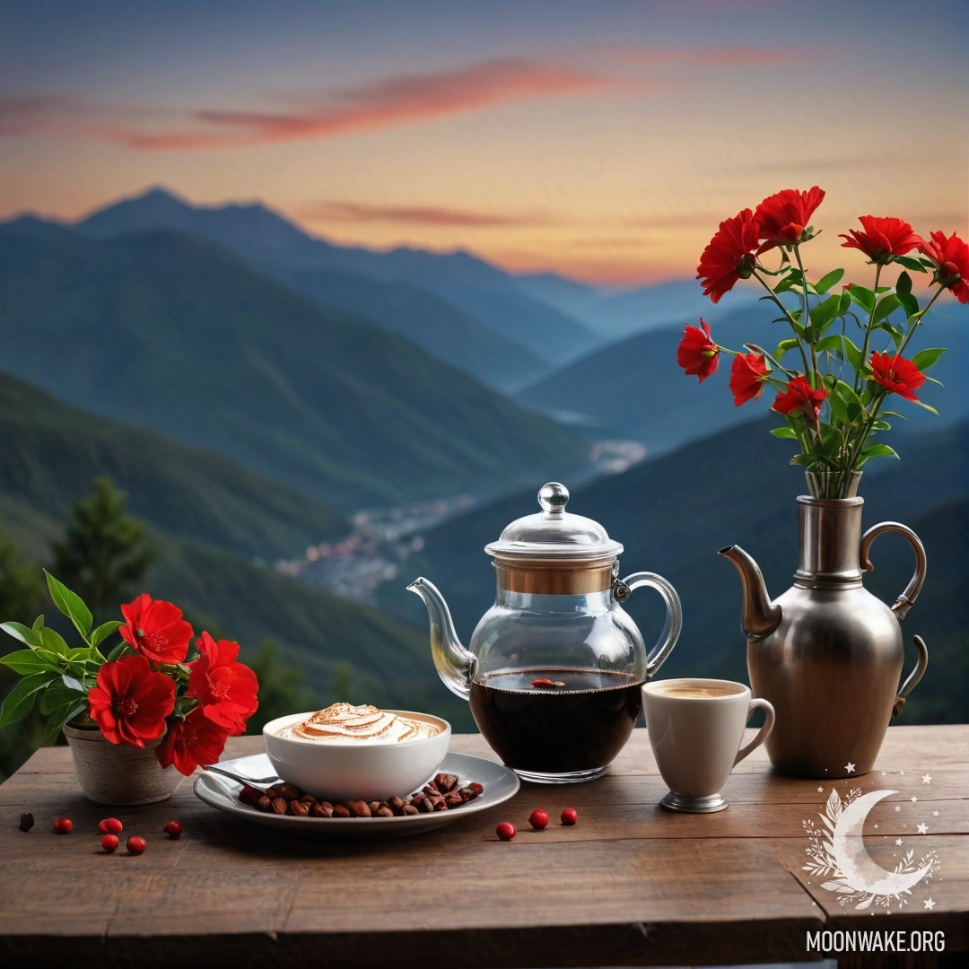 Деревянный стол на фоне гор ночью, с банкой красных цветов, кофейником и чашками.
