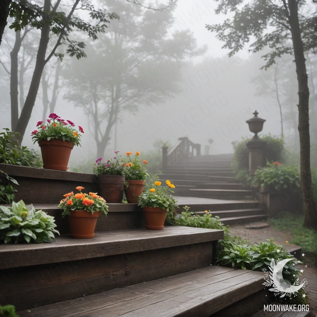 Деревянный стол с красными цветами, кофейником и чашками на фоне гор ночью.