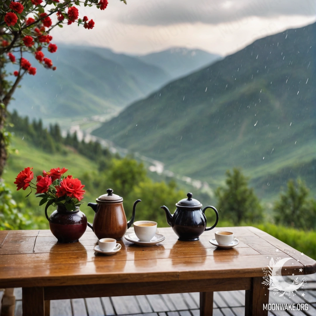 Деревянный стол, украшенный банкой с красными цветами и кофейником с чашками, на фоне гор под дождем.