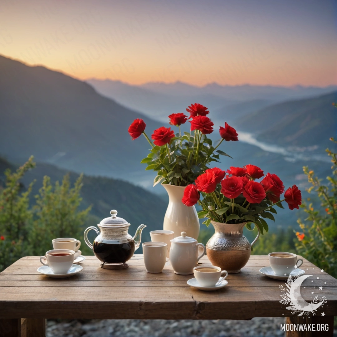Уютный деревянный стол с банкой красных цветов, кофейником и чашками на фоне гор на закате.
