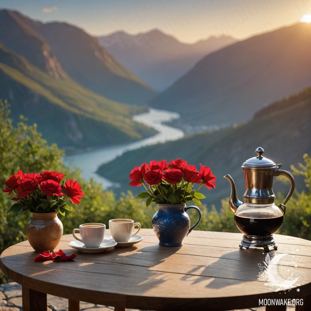Деревянный стол, украшенный красными цветами, кофейником и чашками на фоне гор на закате.
