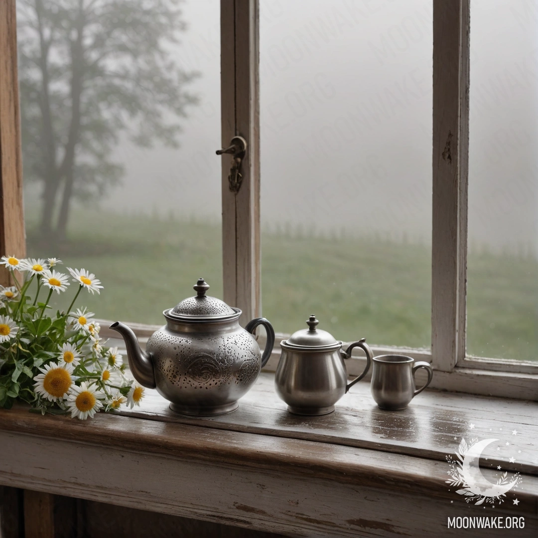 Старый деревянный подоконник, украшенный металлическим чайником и ромашками, окутанный туманом.