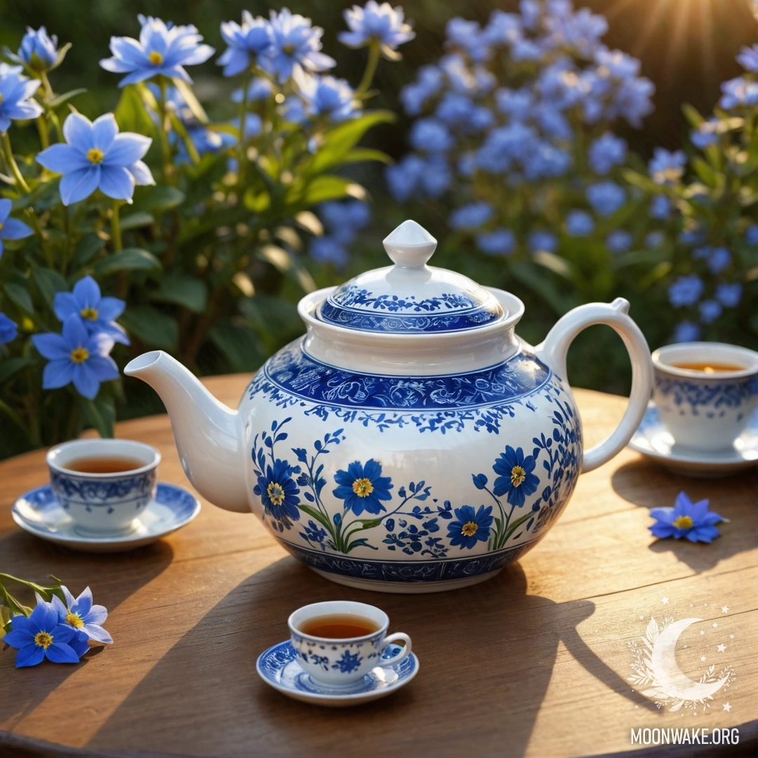 Фарфоровый чайник с синими цветами находится на круглой деревянной таблице в мягком свете заката.
