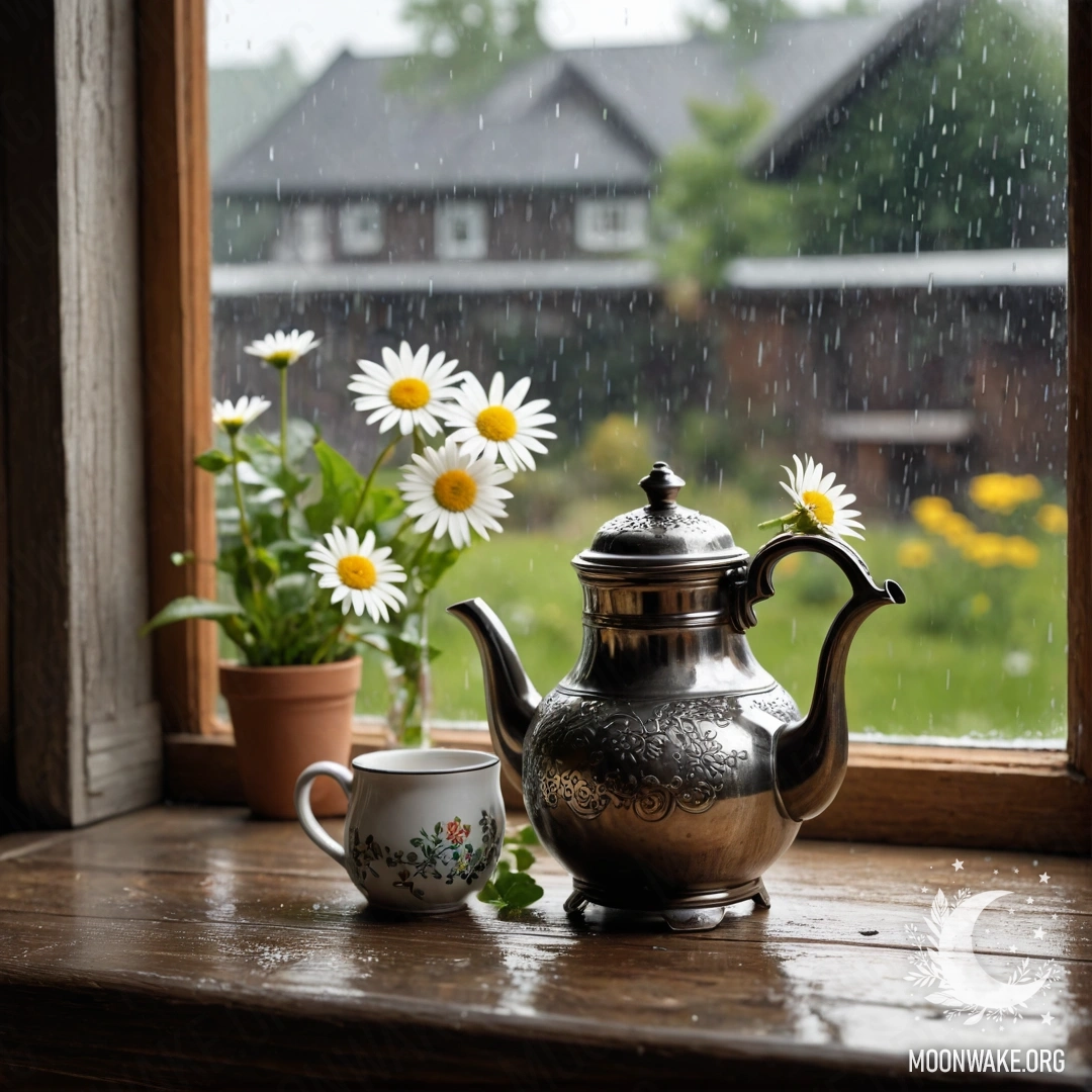 Старомодный подоконник с металлическим чайником с узорами и ромашками под дождем.
