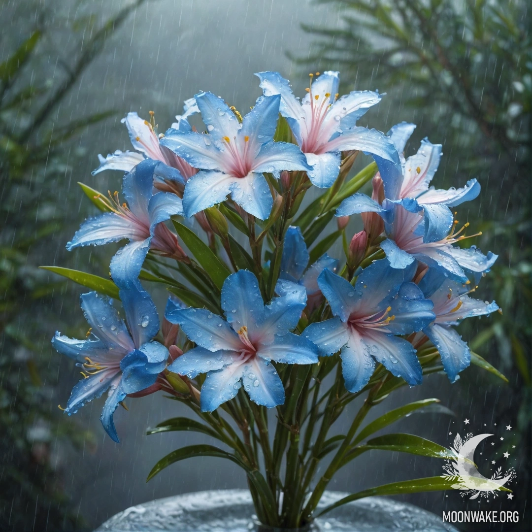 Букет синих катарантусов в тумане и дожде с солнечными лучами, пробивающимися сквозь облака.