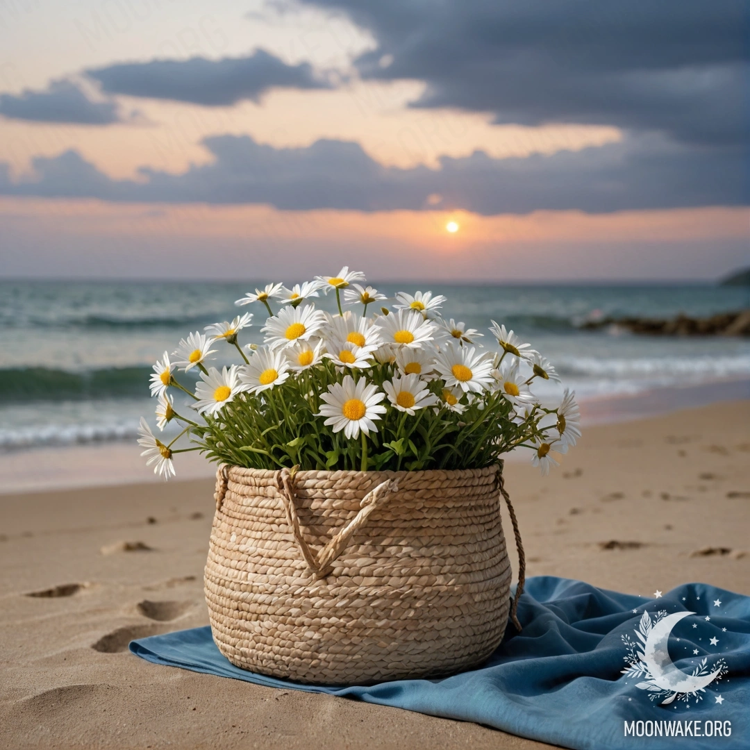Спокойный песчаный пляж на закате с соломенной сумкой, синей скатертью и букетом ромашек на фоне моря под дождем.
