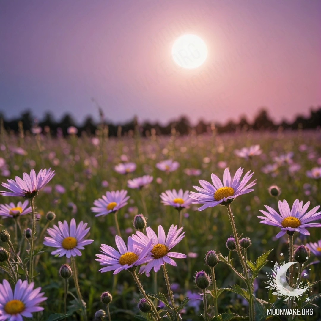 Крупный план цветных цветов на умиротворяющем поле на фоне розово-фиолетового неба с луной и солнцем.