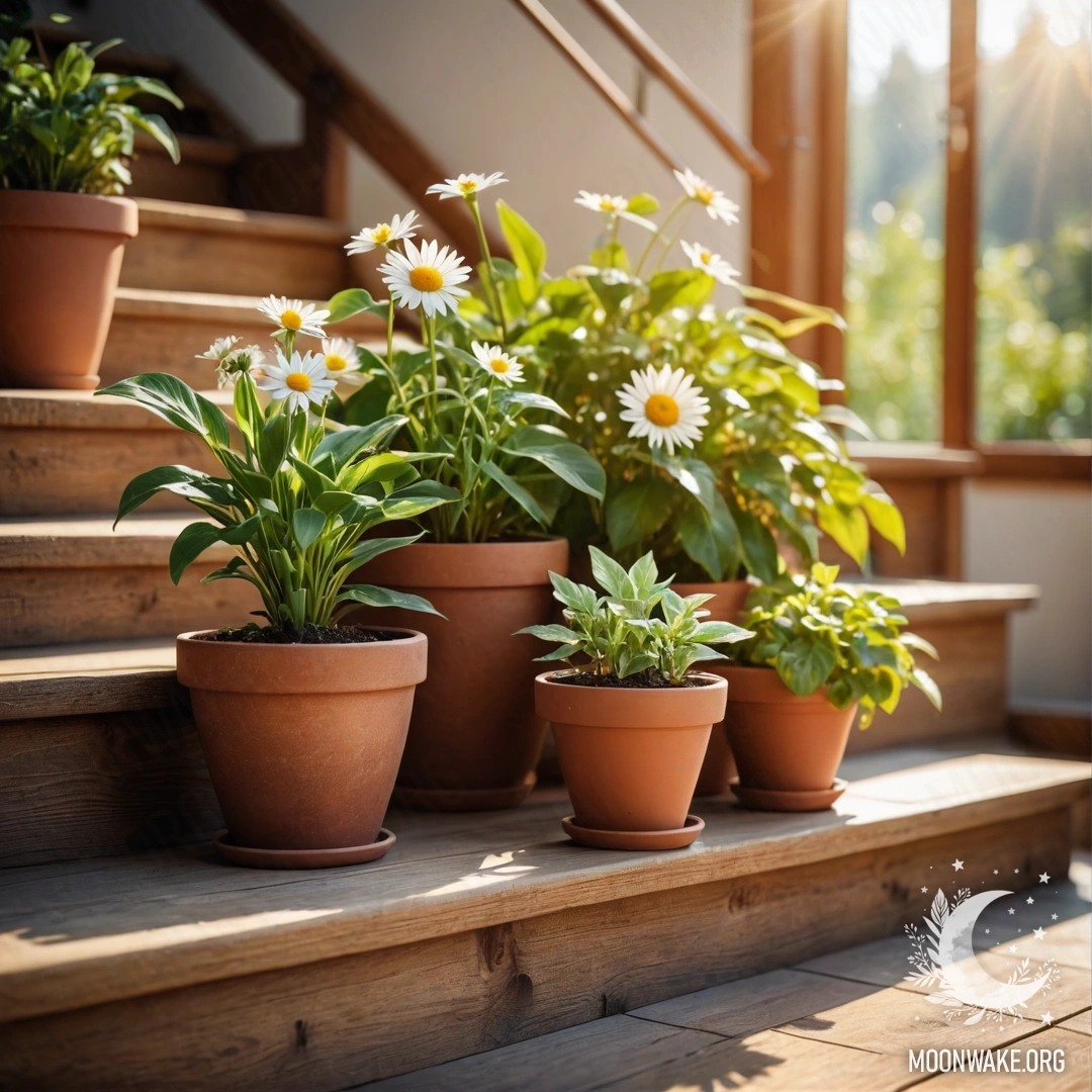 Деревянная лестница, украшенная цветочными горшками, освещенная солнечными лучами.