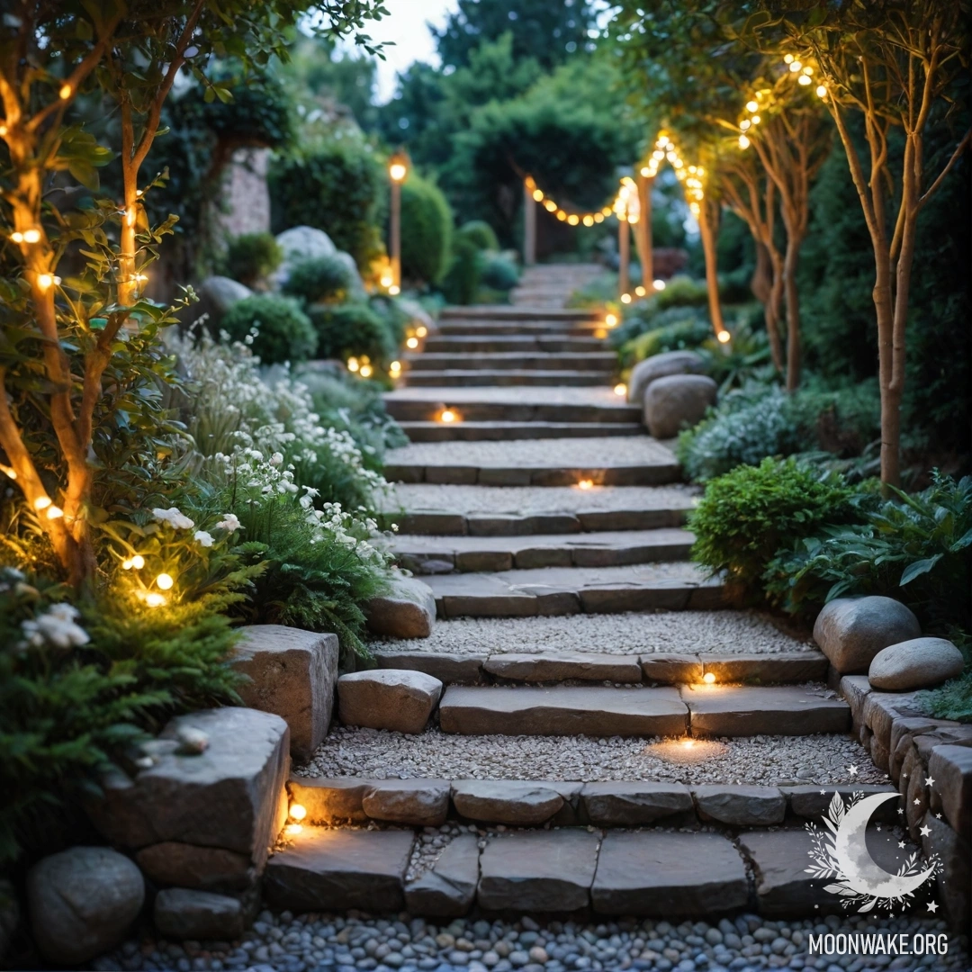 Спокойный сад с легкими гирляндами, каменной дорожкой и деревянной лестницей.