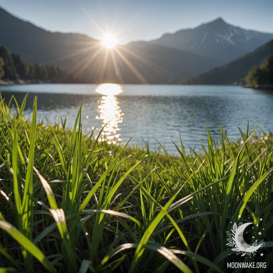 Крупный план травы на спокойном поле на фоне горного озера с боке, через которое просвечивают солнечные лучи.