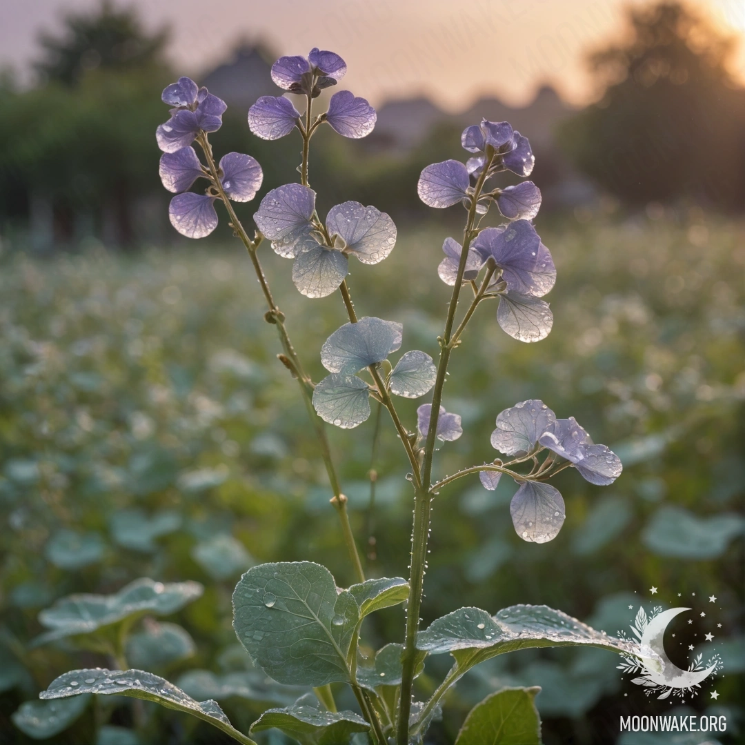 Нежный букет лунарии цвета шалфея под дождем на закате.