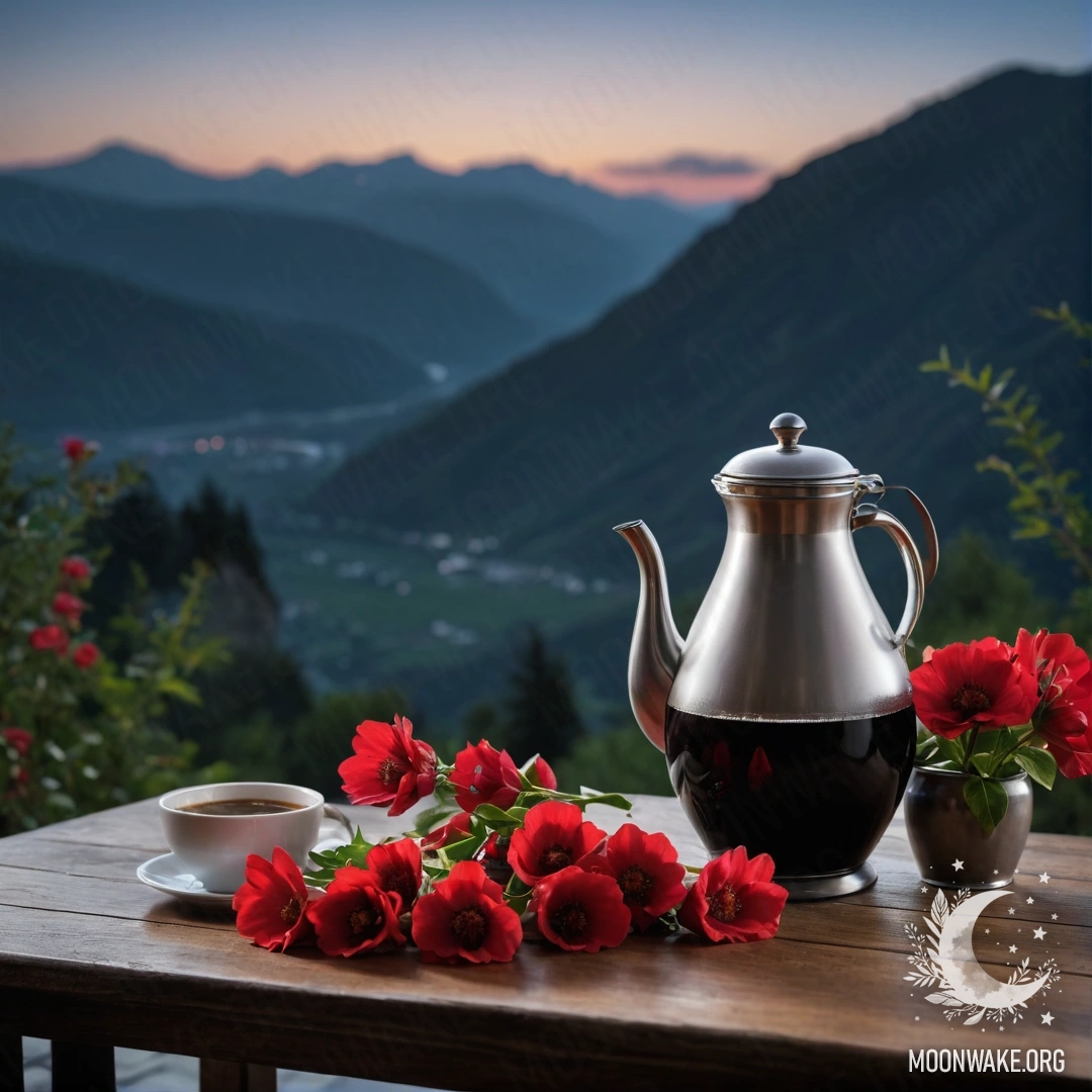 Спокойный деревянный стол с красными цветами, кофейником и чашками на фоне горной местности в ночное время.