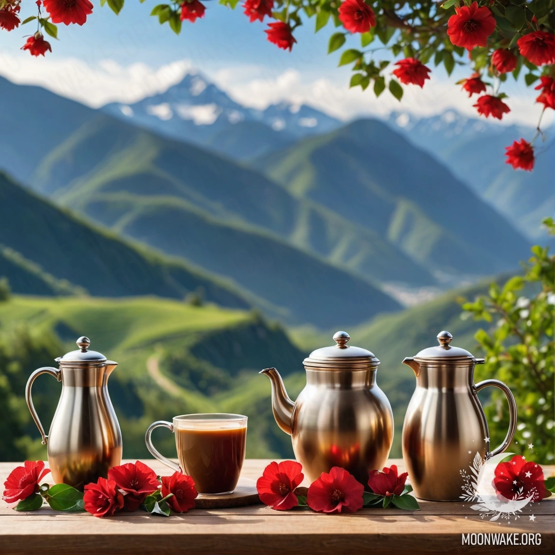 Абстрактный деревянный стол с банкой красных цветов, кофейником и чашками, украшенными гирляндой на фоне гор.