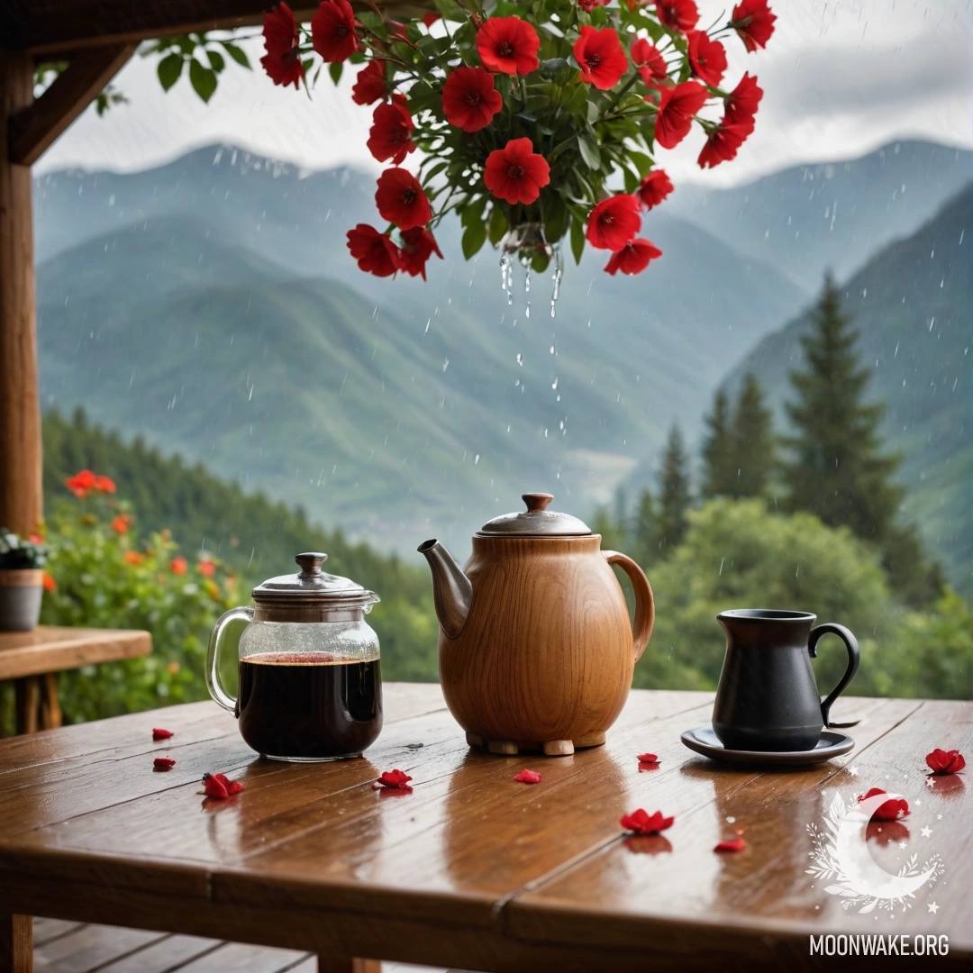 Деревянный стол на фоне гор с банкой красных цветов, кофейником и чашками под падающим дождем.