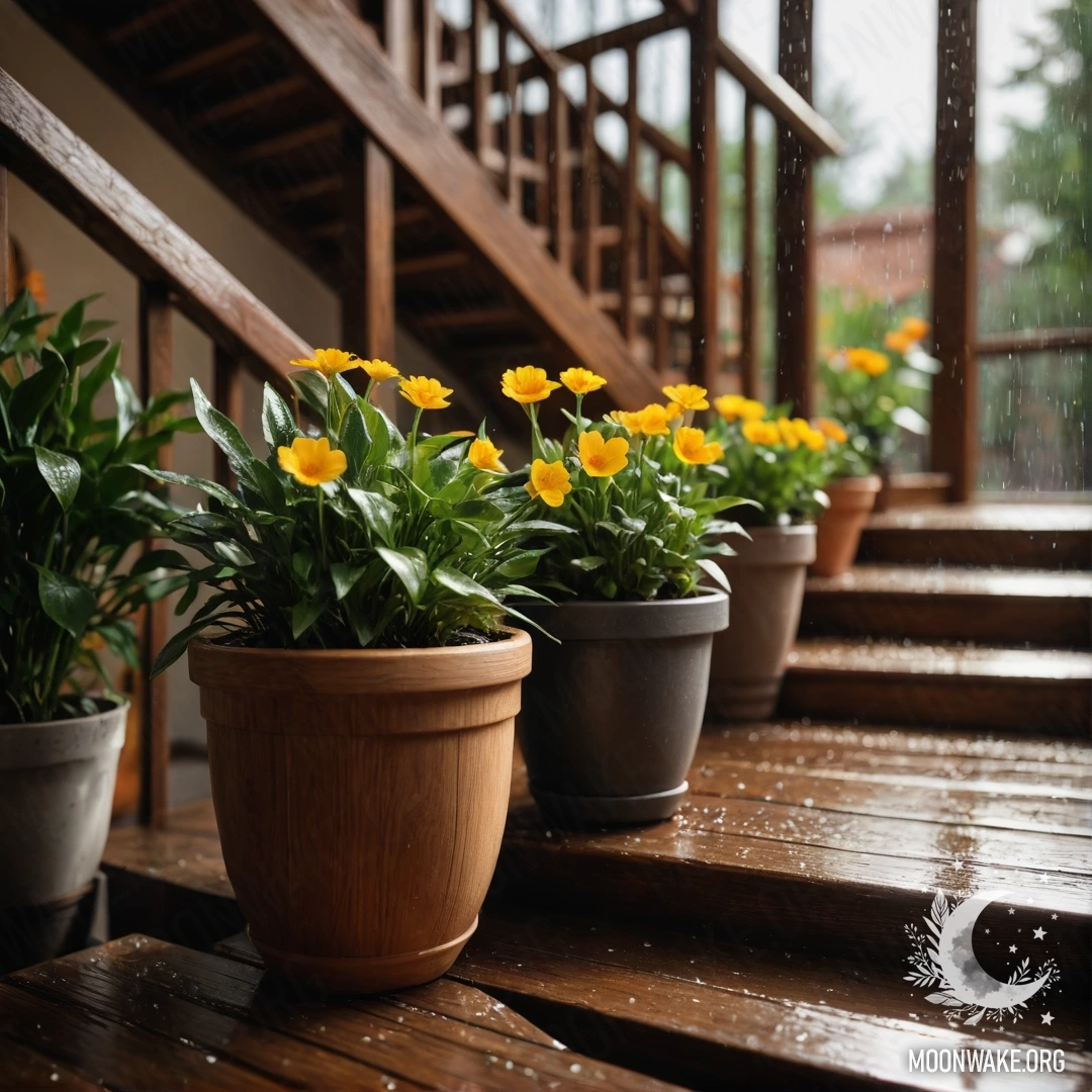 Деревянная лестница, украшенная цветочными горшками под дождем.