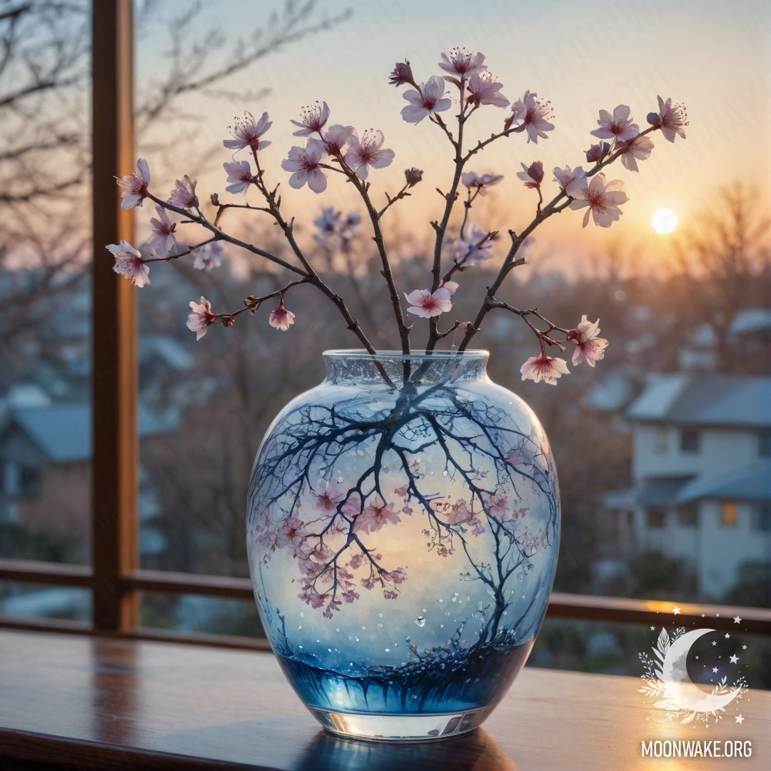 Акварельная картинка с цветами сакуры в голубой вазе и паутиной на закате.