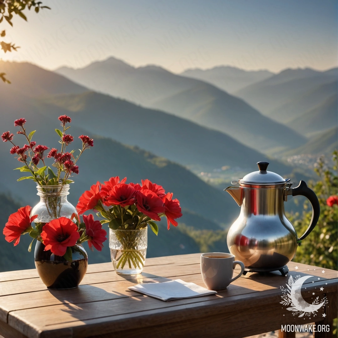 Деревянный стол с банкой красных цветов, кофейником и чашками на фоне гор на закате.