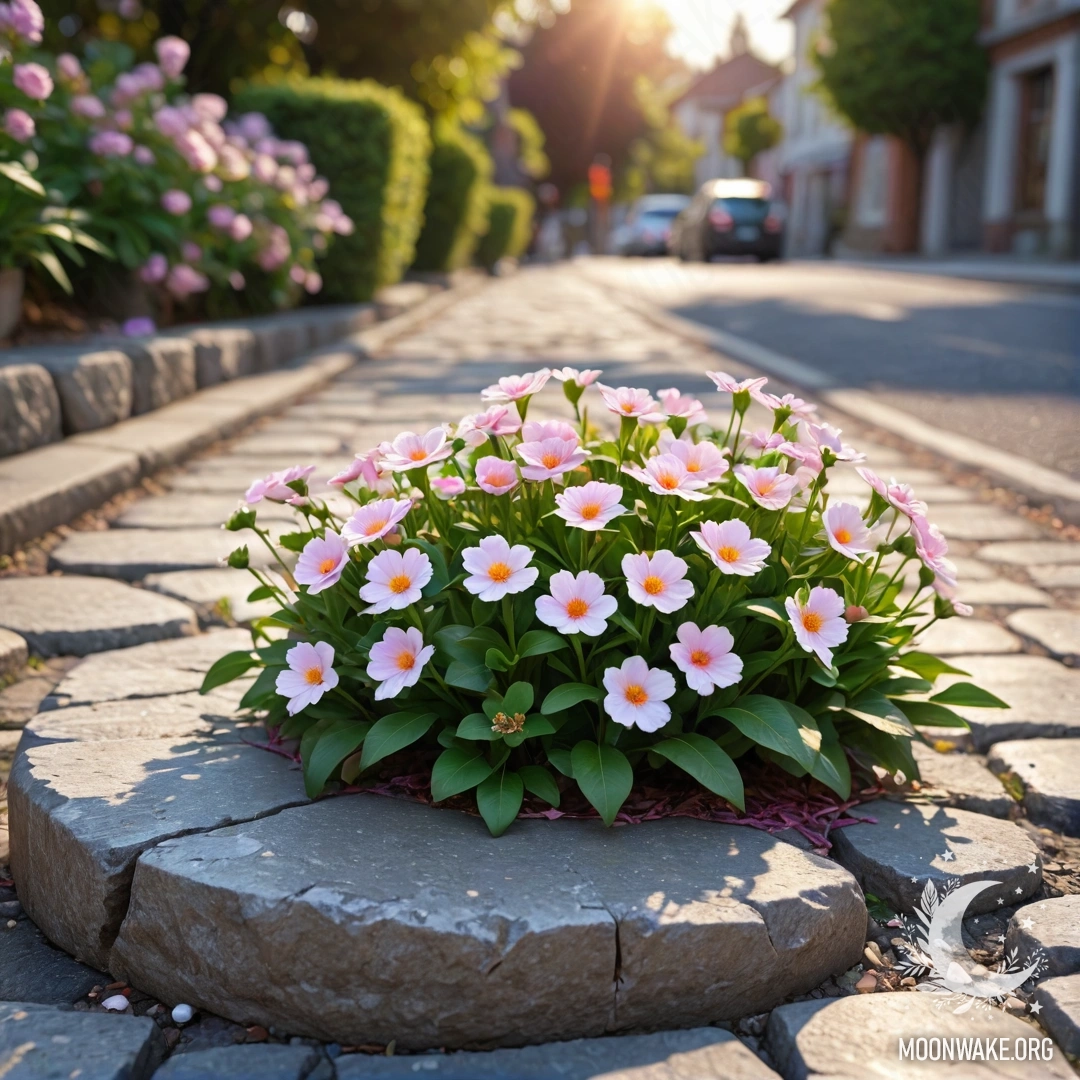 Старый каменный бордюр, украшенный маленькими белыми и розовыми цветами на закате.