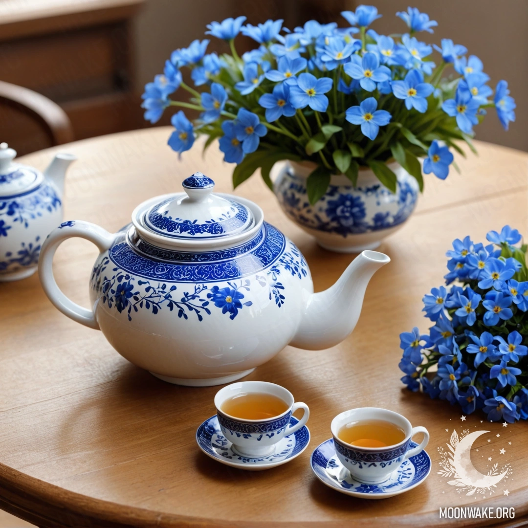 Круглый деревянный стол с фарфоровым чайником, наполненным синими цветами.