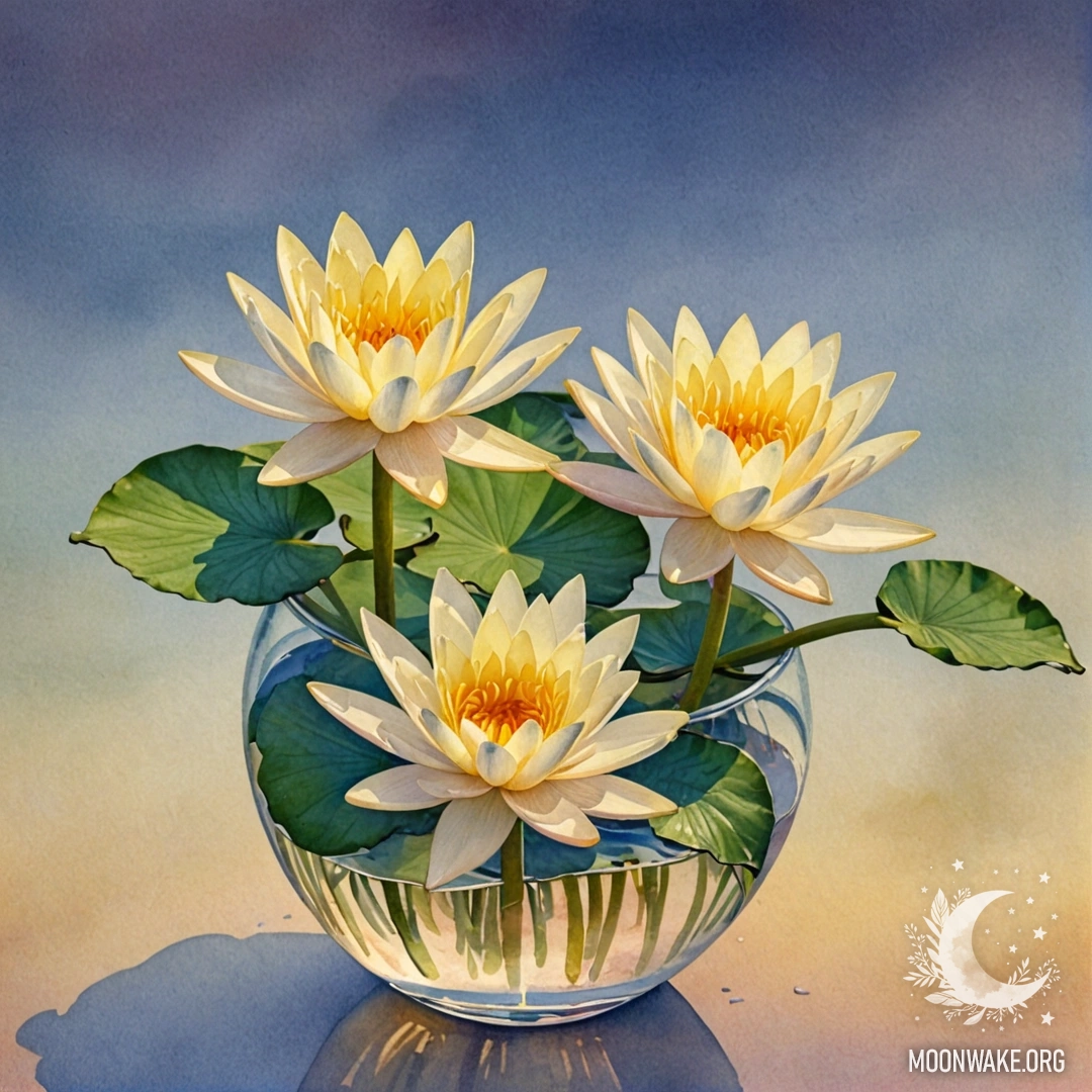 Акварельная картина с спокойной лилией в жёлтой вазе на закате.